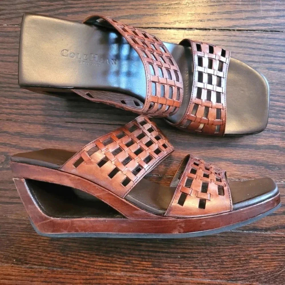 Cole Haan Brown Leather Mules with Woven Design